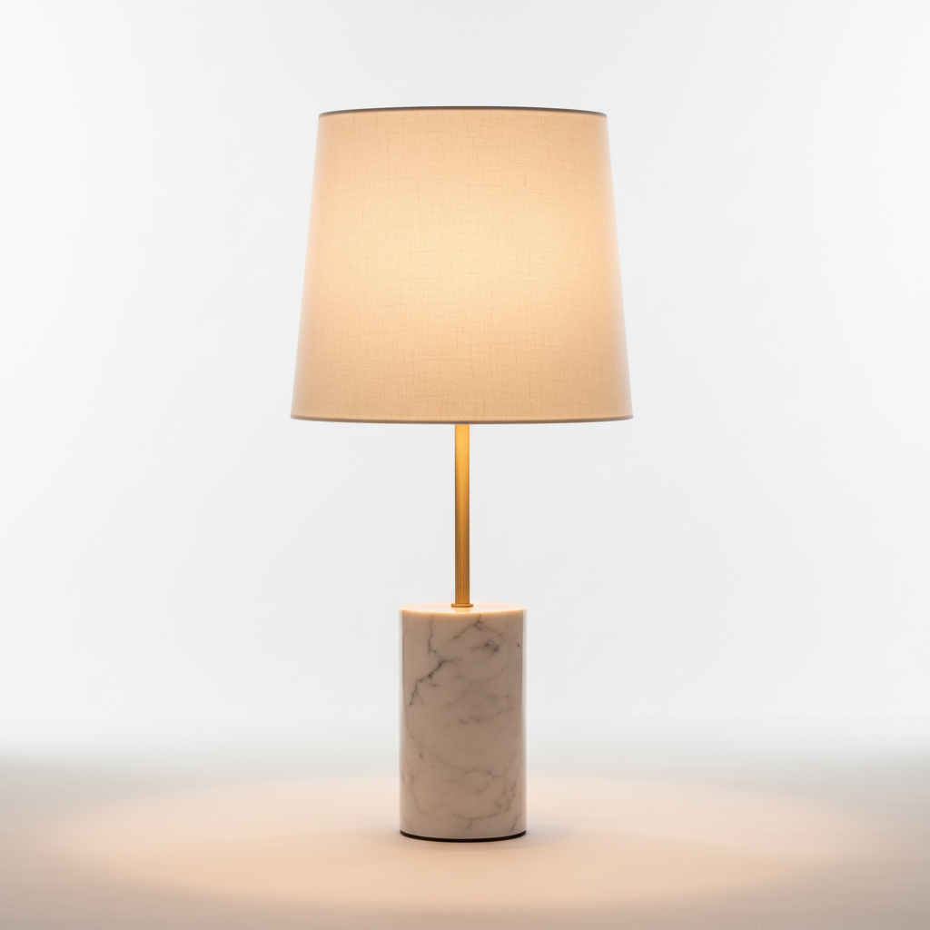 Luminária de mesa com base em mármore e cúpula em tecido branco